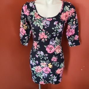 Tramp Dark Blue Floral Form Fitting Dress Bow Back